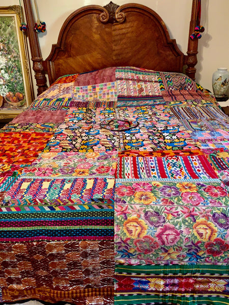Queen Size Multicolored Patchwork/ Huipil Mixed Quilt and Pillow Cases/  Guatemalan Bed Covers With Pillow Cases/ Cubre Cama Guatemalteco 